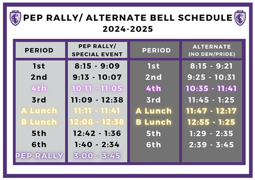 2024-2025 Pep Rally and Alternate Bell Schedule